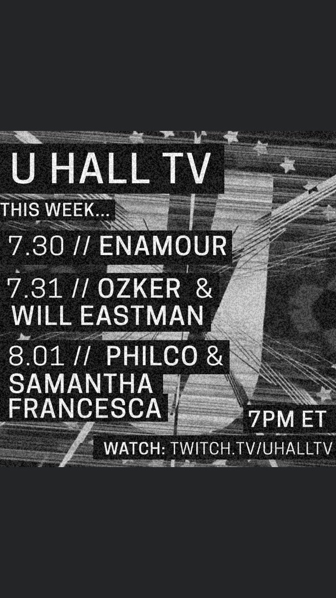 Watch us live this weekend at 7PM ET on twitch.tv/uhalltv 📺 <a href="/uhalldc/">U Street Music Hall Presents</a> with:
Tonight: <a href="/enamourmusic/">ENAMOUR</a> 
Fri: <a href="/OzkerDC/">OzkerDC</a> &amp; <a href="/willeastman/">Will Eastman</a> 
Sat: <a href="/IAMPHILCO/">PHILCO</a> &amp; Samantha Francesca