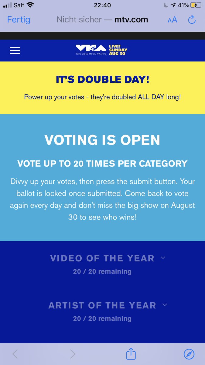 bts_swiss_army's tweet photo. ARMY🐋~~

#VMAs is now open for voting and today is DOUBLE DAY VOTING!

ON MV by @BTS_twt is nominated in three categories:

🥁Best Pop

🥁Best K-Pop

🥁Best Choreography (Non-Votable)

Vote here ➡️ https://t.co/W7ZvUGSWzr https://t.co/wnipWbwJQH