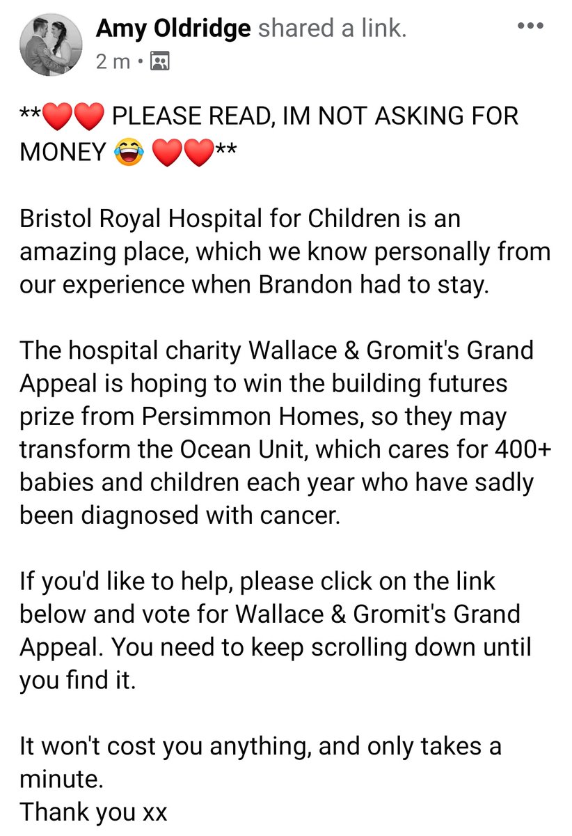 Amy0ldridge's tweet photo. Please Click the link to vote for Wallace and Gromuts Grand Appeal @thegrandappeal 

Please #RT even if you don't want to vote

https://t.co/GMAOXiUwdk

#vote #WallaceandGromit #BRHC #BristolRoyalHospitalforChildren #OceanUnit #Bristol #help #weneedyourvote #kidswithcancer https://t.co/wsFYSEBgtK