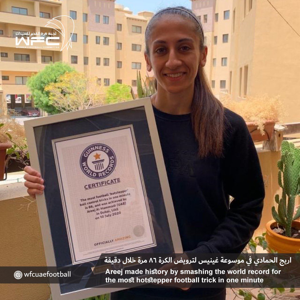 wfcuaefootball's tweet photo. اريج الحمادي في موسوعة غينيس لترويض الكرة ٨٦ مرة خلال دقيقة ⚽️👏

Areej made history by smashing the world record for the most hotstepper football trick in one minute https://t.co/PwCCvDATmt