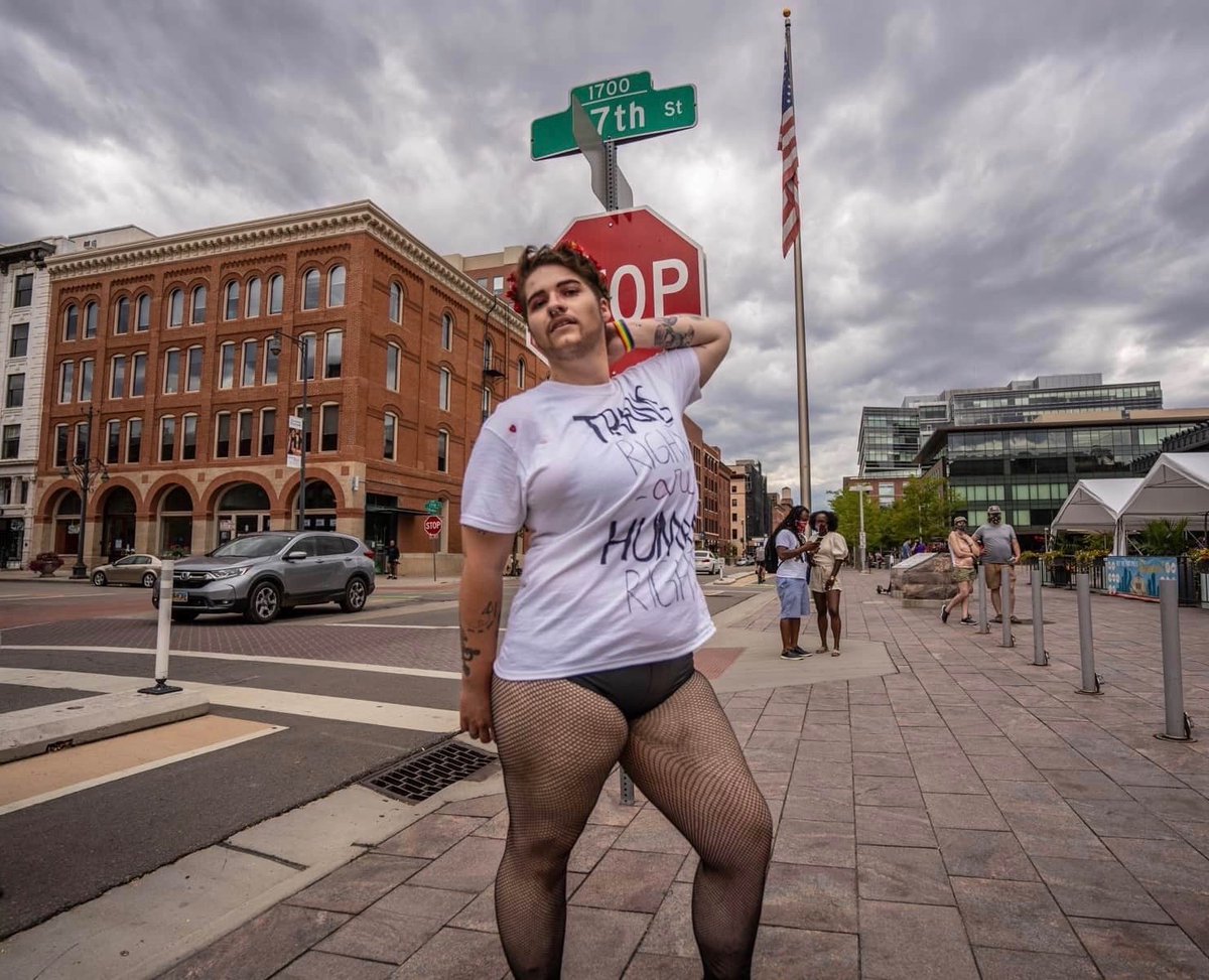 glasspilgrim's tweet photo. Drag king and trans rights activist Christopher Allure poses for a shot after his protest/performance at the Union Station calling for justice of murdered black transwomen Brayla Stone, Riah Milton, Dominique Fells, and Merci Mack. #Denver #TransLivesMatter #BlackLivesMatter https://t.co/tlt0TzfO31