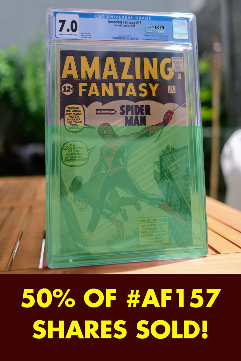 MythicMarkets's tweet photo. Comics fans know a deal when they see one! Our #SpiderMan offering is selling out at Spectacular speed! 😉
Our investors have already snapped up over $47,000 worth of #AF157. Less than half the shares remain!
Get your piece of AF15 now for $46/share: https://t.co/j0kIbV7IIo https://t.co/jkYkVcxzcd