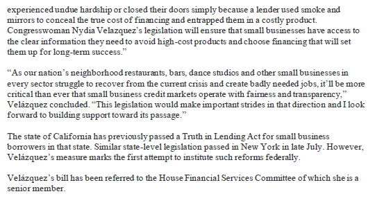 NydiaVelazquez's tweet photo. While Dodd-Frank extended many important transparency protections and safeguards to consumer loans, small business borrowers do not have the same protections. Today, I'm introducing legislation to fix that problem. 

This thread describes the bill &amp; my press release is below. 1/7 https://t.co/MDuIluTCLZ
