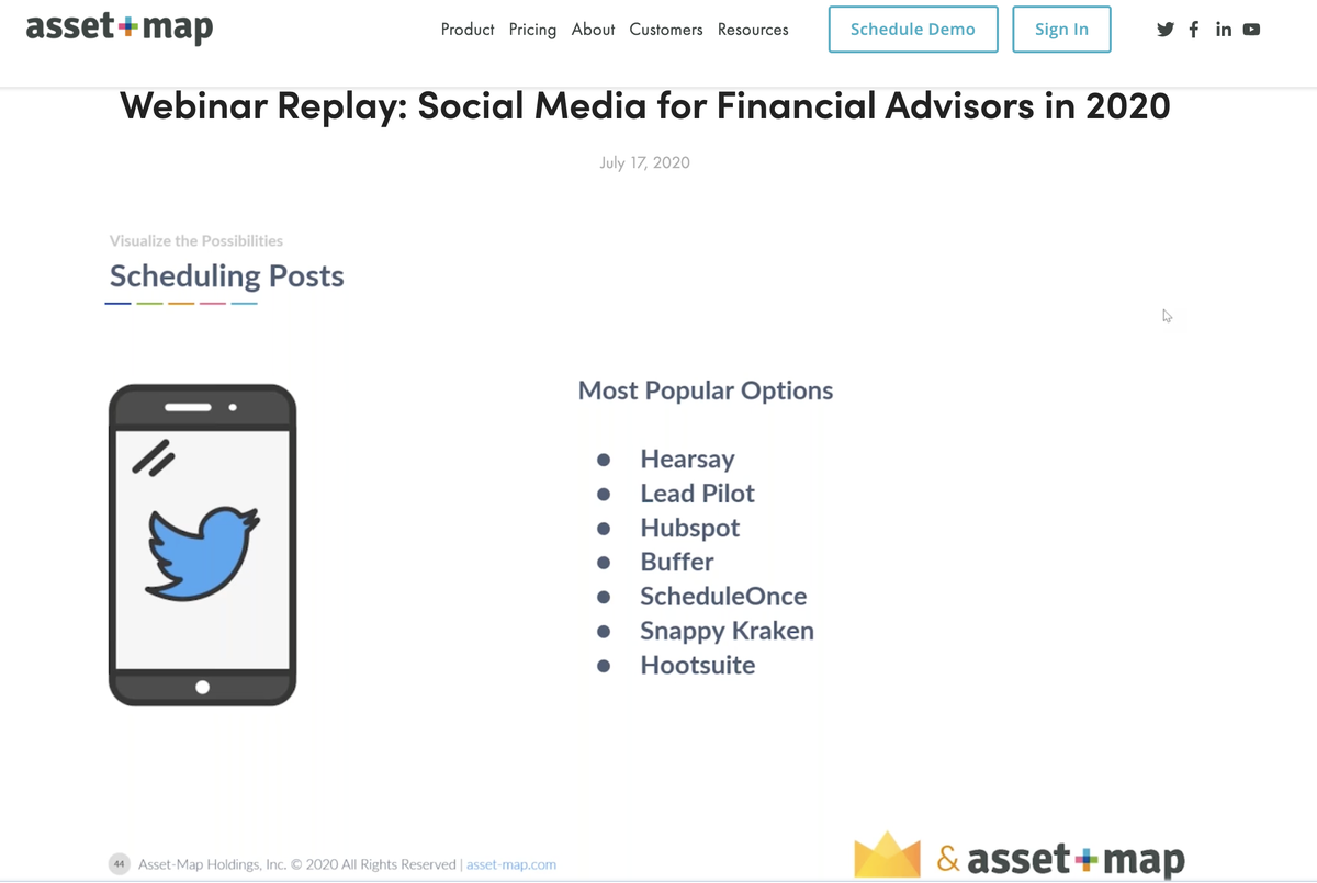 SamanthaTwenty's tweet photo. Did you tune in for the @AssetMapLLC webinar with @johnellert from @ThreeCrownsLLC  all about Social Media for Advisors in 2020?

These 2 know their stuff! 

Thanks for the shout-out about #LeadPilot as a top option for social media for advisors 

Watch: https://t.co/Tc9HARHqnw https://t.co/ejpZzHG3t1