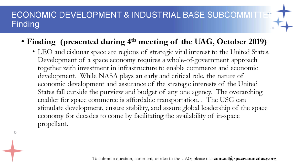  #NatlSpaceCouncil  #UserAdvisoryGroup - . @DittmarML We want a consensus from the UAG that a paper be developed and submitted to the Space Council, and can put together a paper that the Council can make changes