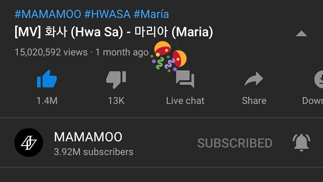 MamamooCharts's tweet photo. #HWASA 'Maria' has surpassed 15M views on Mamamoo's official YouTube channel!!
Combined: 44,5M views
Keep streaming:
📽https://t.co/p3W7nycIp5
#화사 #마마무 @RBW_MAMAMOO https://t.co/qCfO6IvIfZ