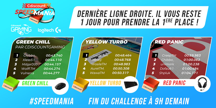 Cdiscount's tweet photo. 🔴 Fin du challenge #SpeedMania vendredi 31/07 à 9H ! 

MAIS vous avez encore deux façons de participer au challenge :

➡️ Battre les meilleurs chronos pour gagner des lots @LogitechGFrance 
➡️ Battre les temps #CdiscountGaming pour gagner des bons d'achat (suivez le thread 👇) https://t.co/3EJDqdUPTH