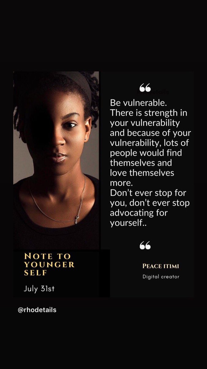 RHODETAILS's tweet photo. “Peace Itimi, nobody is perfect, you are not perfect but you are perfect just as you are. So, be vulnerable, there is strength in your vulnerability and because...”
~ Excerpt from the #notetoyoungerself book -@peaceitimi
Tomorrow is the book launch 🚀🚀🚀
Kindly like and RT🤗 https://t.co/mmh8GYo7OM