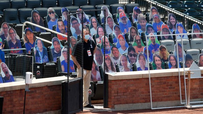 JulianneGriff35's tweet photo. In my opinion MLB stadium having fake fun cutouts is weird. Imagine playing with that? The Dodgers are charging $150 for field level and $300 for being the plate. Wack. https://t.co/3abteggJrp