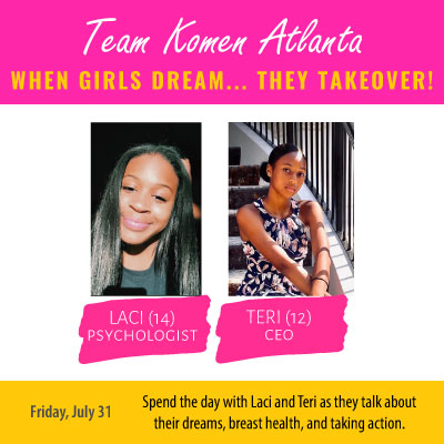KomenAtlanta's tweet photo. We have some exciting news 🎉  Tomorrow (7/31) Laci and Teri from When Girls Dream will be taking over our Instagram! Tune in to hear their thoughts about turning the dream of ending breast cancer into a reality! 💕
 
Head to our Instagram here: https://t.co/uaR4Wsp32R https://t.co/oxBuN7fmJO