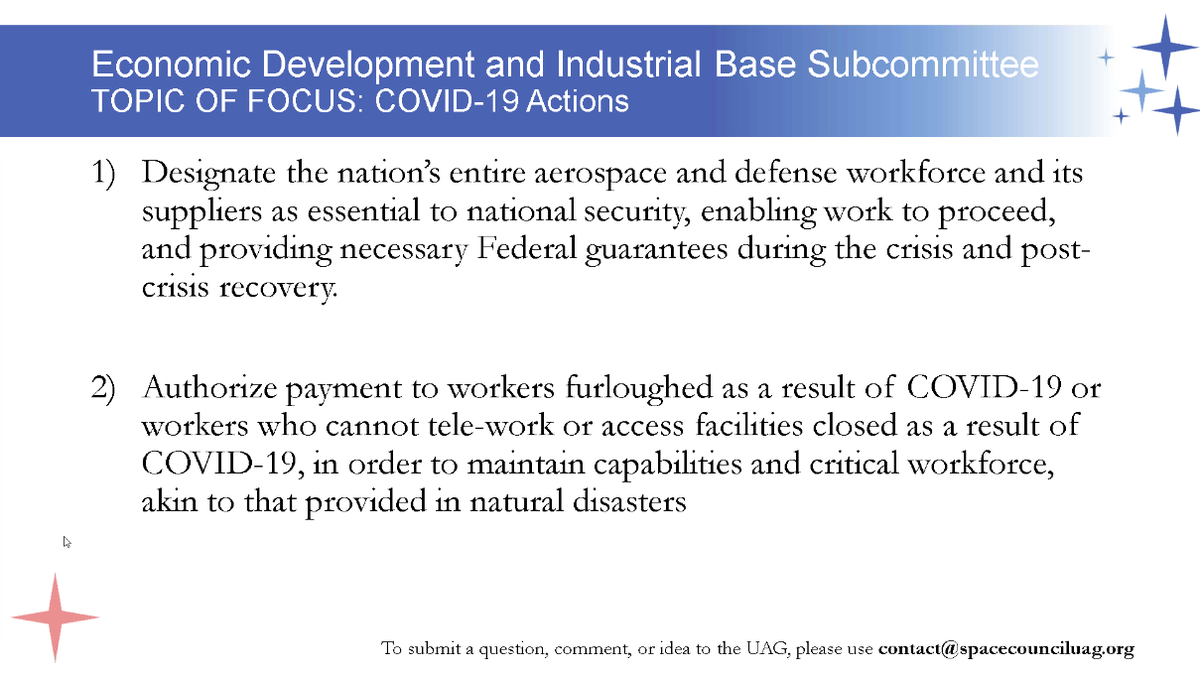  #NatlSpaceCouncil  #UserAdvisoryGroup - Stalmer on Trying to help the aerospace industry during COVID . @DittmarML saying the findings were echoed by several trade groups and federal agencies including  #NASA Some agencies have addressed this here already.