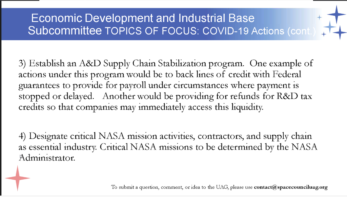  #NatlSpaceCouncil  #UserAdvisoryGroup - Stalmer on Trying to help the aerospace industry during COVID . @DittmarML saying the findings were echoed by several trade groups and federal agencies including  #NASA Some agencies have addressed this here already.