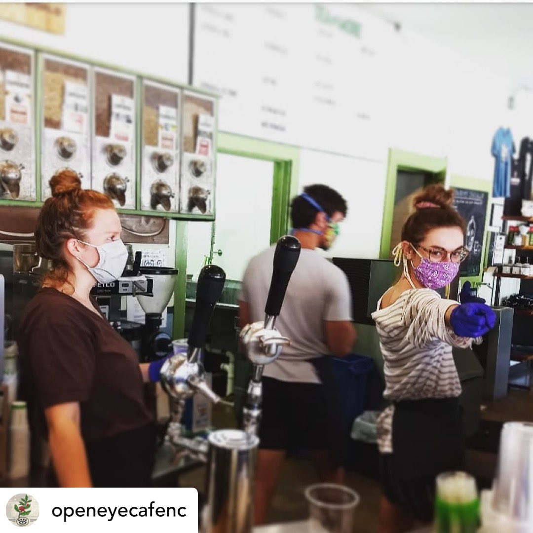 localcarrboro's tweet image. Join the fun at @OpenEyeCafe as you pick up your favorite coffee goodies.☕️Check out their awesome employees following all public health protocols while having a blast! #ShopSafeShopSmall #WeBuyLocal #CautiousCarrboro #SaferInCarrboro  #MaskUpOCNC