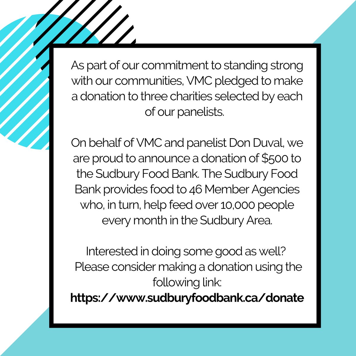 virtualminingc's tweet photo. On behalf of VMC and panelist @Don_Duval, we are proud to announce a donation of $500 to the @SudburyFoodBank.  The Sudbury Food Bank provides food to 46 Member Agencies who, in turn, help feed over 10,000 people every month in the Sudbury Area.

#vmc #virtualminingconference https://t.co/b94GwxfZPc