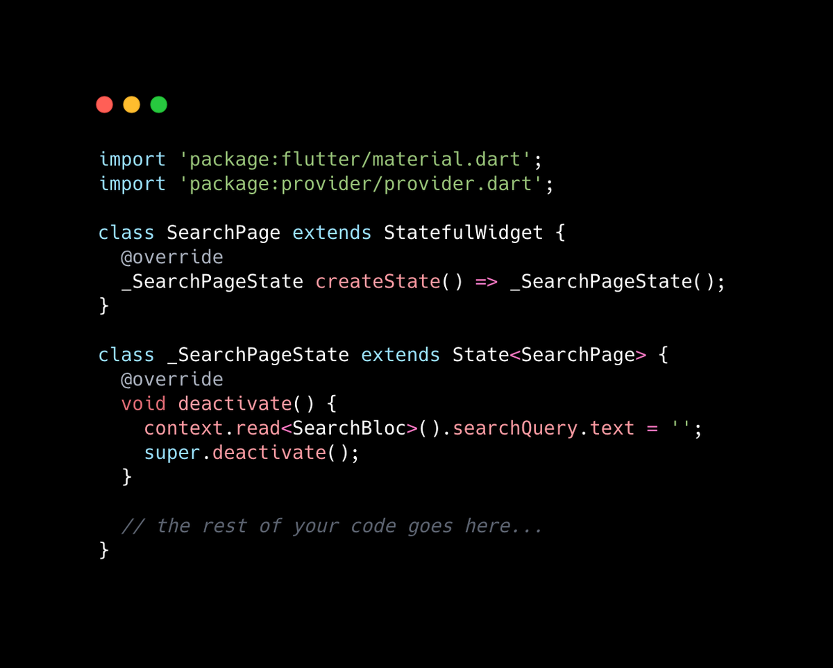 MarcosJSevilla's tweet image. Hey gente!
#FlutterTip of the day:
Los StatefulWidgets tienen un método llamado `deactivate` que nos sirve para ejecutar una acción antes que el widget haga `dispose` en el widget tree.
Si ocupan otra solución de state management + stateful es súper útil.