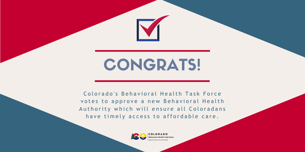 ColoradoBHTF's tweet photo. BREAKING NEWS: The Behavioral Health Task Force just voted to pass one of their most BOLD recommendations yet: a new Behavioral Health Authority which will ensure a standard of high quality, integrated, consumer-centric behavioral health care services! #TransformCO https://t.co/vUJZqCO4Zl