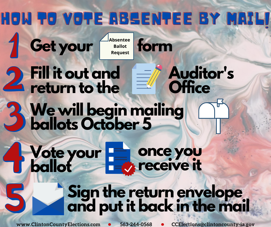 VoteClintonCoIA's tweet photo. ๐ฅVoting Absentee by Mail is EASY๐ฅ
Our office is encouraging Clinton County voters to vote absentee by mail for the November General Electionโ๏ธ If you are in need of a request form, follow this link ๐๐ผ https://t.co/VHvZgahBtr
#VoteClintonCoIA #ClintonCoIA #BeAVoter https://t.co/p09RlARNWC
