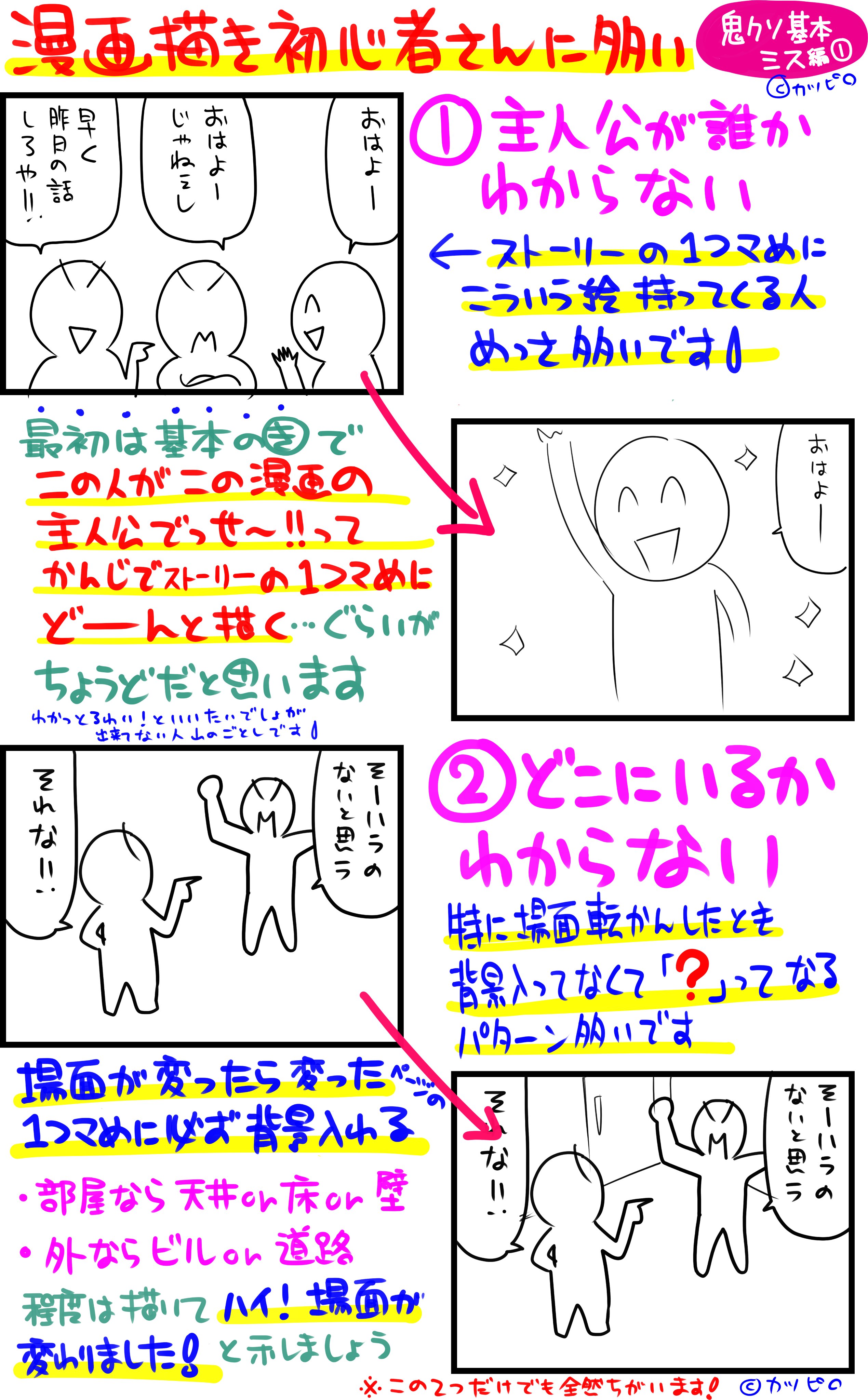 カツピロgogo 漫画家とか取材してる人 漫画描き初心者さんへ 投稿や持ち込み行ってダメだった場合 絵が下手 話がつまらない 才能ない ってなりがちですが それらの前にまず 読みものとして成り立ってない ことの方が多いと思います 編集者は