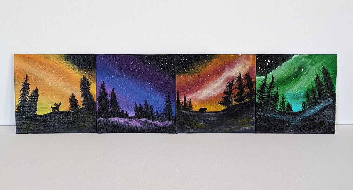New paintings added to my shop! This one is a set of 4 and is $85 with FREE SHIPPING! 💜 #handpainted #acrylicpainting #galaxy #galaxypainting #canvaspainting #canvas #canvasart #northernlights #landscape #etsyshop #etsy