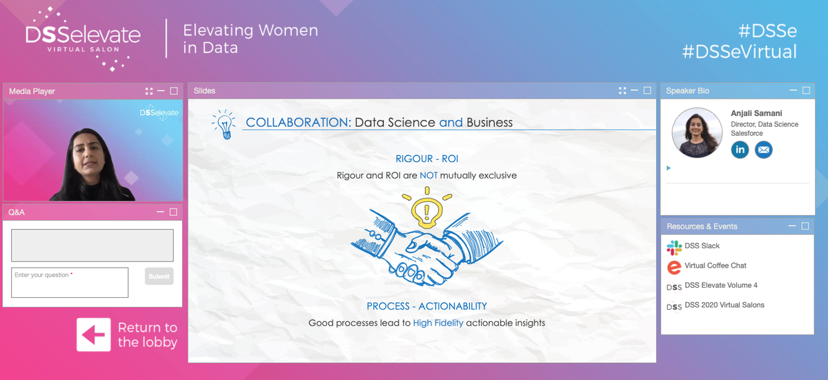 AILovesData's tweet photo. "Rigor and ROI are not mutually exclusive for data scientists" says Anjali Samani, @Salesforce's Director of Data Science during #DSSe Vol 3 #womenindata #datascience https://t.co/PK2TwDNINp