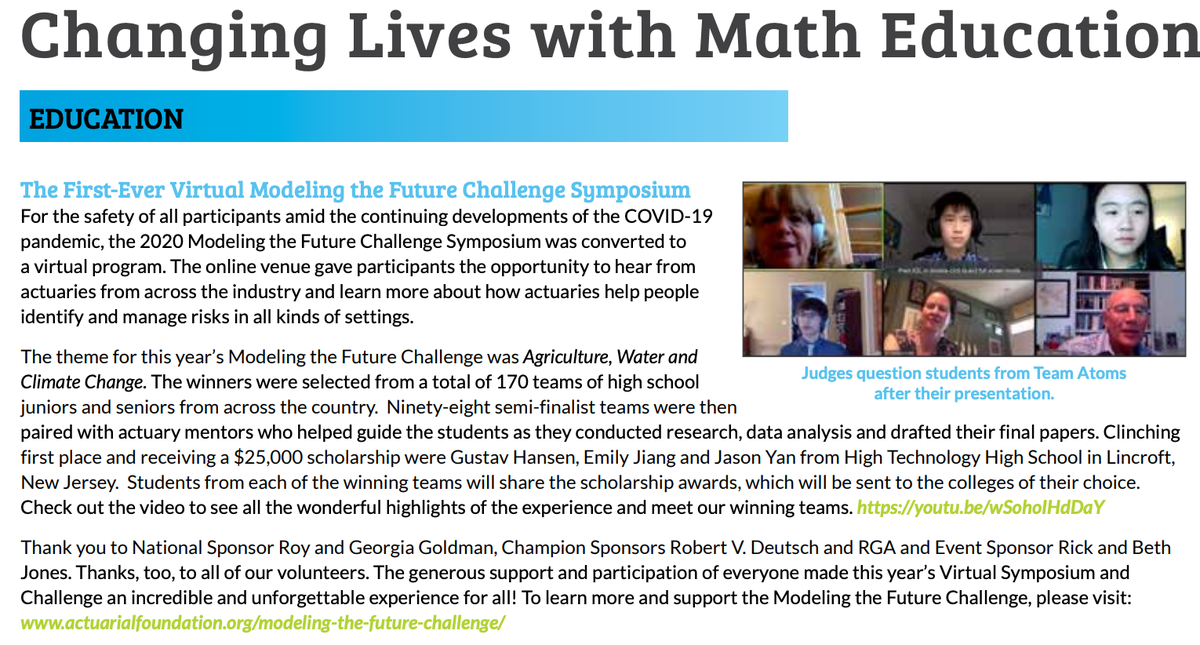 ActuarialFound's tweet image. Learn how The Actuarial Foundation is continuing to change lives with #math #education, get updates on our programs, and meet our new staff and trustees in the July 2020 newsletter: buff.ly/2D1gW6r