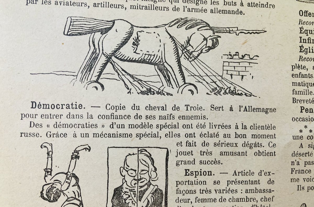 See for instance this collection of German peace articles for sale.Such as “Democracy”:“A copy of the Trojan horse. Helps Germany to gain the trust of its naive enemies.“ (4)