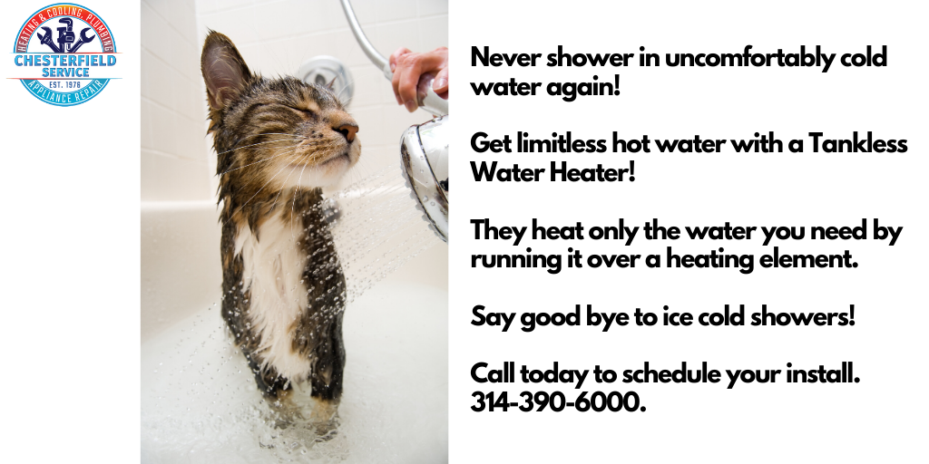 StlCooling's tweet photo. Never shower in uncomfortably cold water again! Get limitless hot water with a Tankless Water Heater! They heat only the water you need by running it over a heating element. Call today to schedule your install. 314-390-6000. #hotwater #coldwater #cat #shower https://t.co/X3yryuHUQd