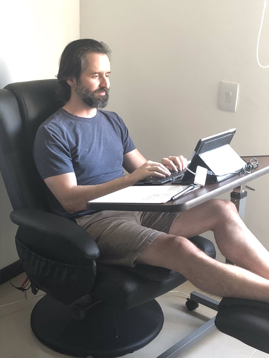 kadavy's tweet photo. My favorite new writing setup: In a recliner, with one of those over-bed tables you might see in a hospital.

Laid back, with my mind on writing and writing on my mind. https://t.co/5tpvF67rr0
