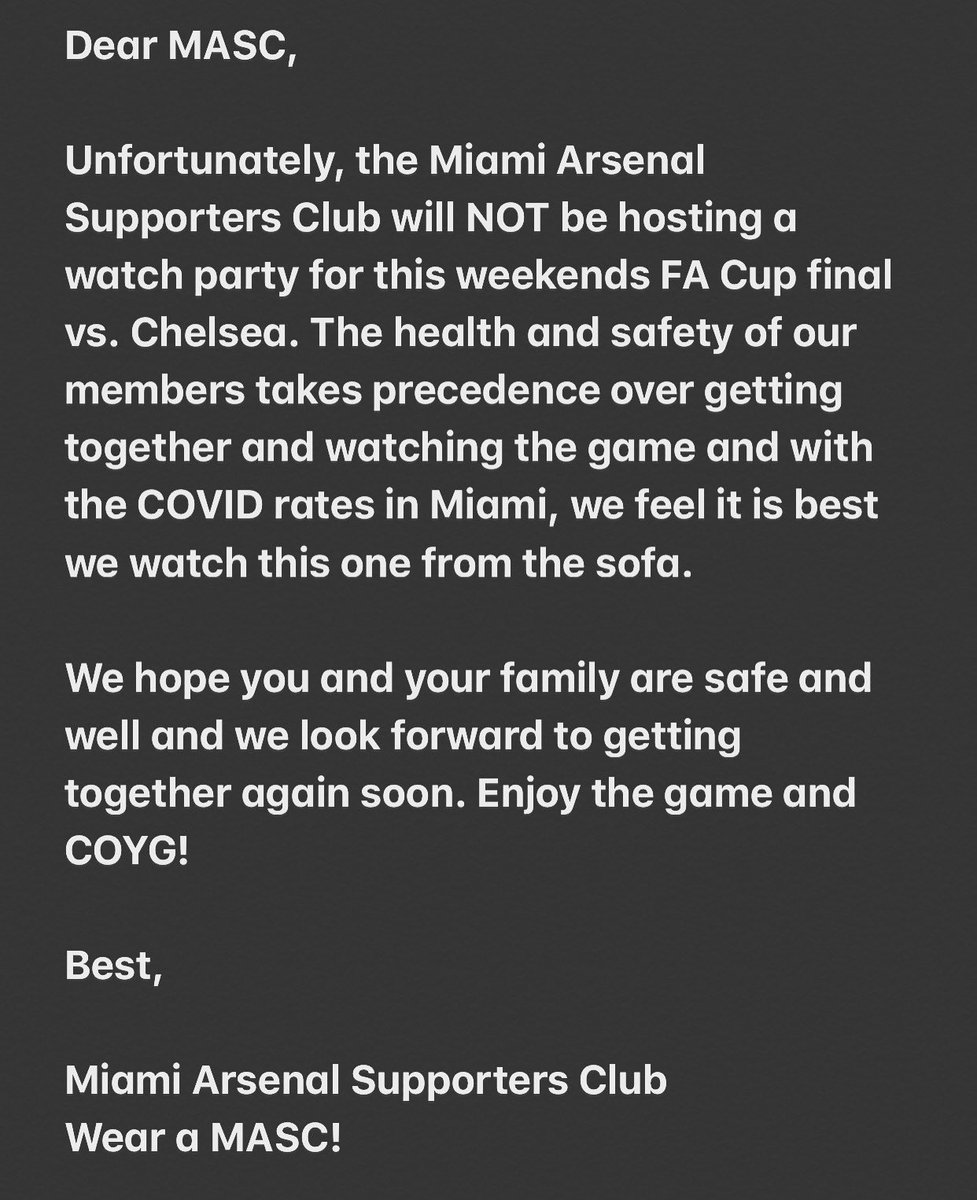 ArsenalMiami's tweet image. Stay safe everyone #wearaMASC