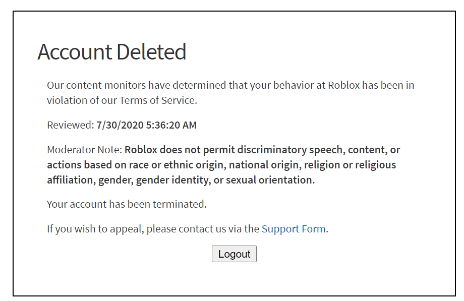 Lord Cowcow On Twitter My Roblox Game Was Put Under Review And I Was Given A Warning Because The Phrase Boy Girl Gay Was In A Chat Bubble Model I Appealed This - how long are you bammed from a game on roblox