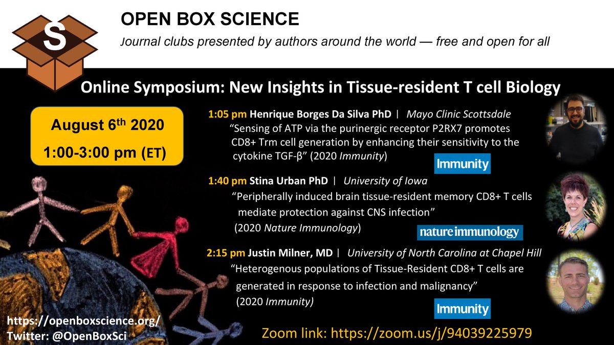 OpenBoxSci's tweet photo. 📣Upcoming @OpenBoxSci Symposium: 📣
New Insights in Tissue-resident T cell Biology
1:00-3:00 pm, August, 6 2020 (ET)
Speakers: Henrique Borges @HBorgesdaSilva (@MayoClinic), Stina Urban @StinaUrbanPhD (@uiowa) & Justin Milner @JJMilnerLab (@UNC)
Zoom: https://t.co/Z9vBlcthuA https://t.co/EvrOEu3qdZ