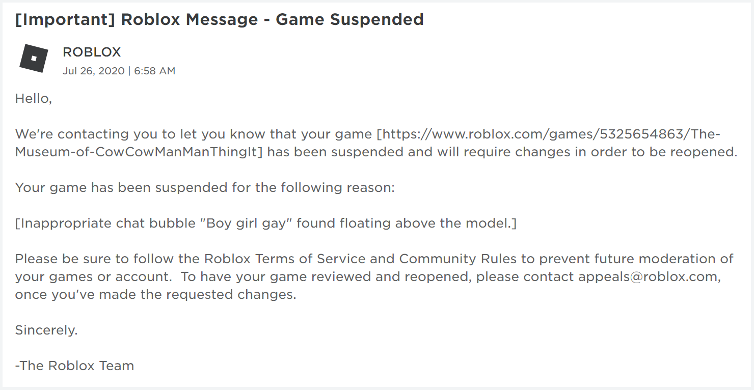 Lord Cowcow On Twitter Here S Why My Game And Now Account Have Been Taken Down A Roblox Moderator Specifically Said It Was For The Boy Girl Ga Y Chatbubble That Shouldn T Even - roblox how to make a model have chat bubble