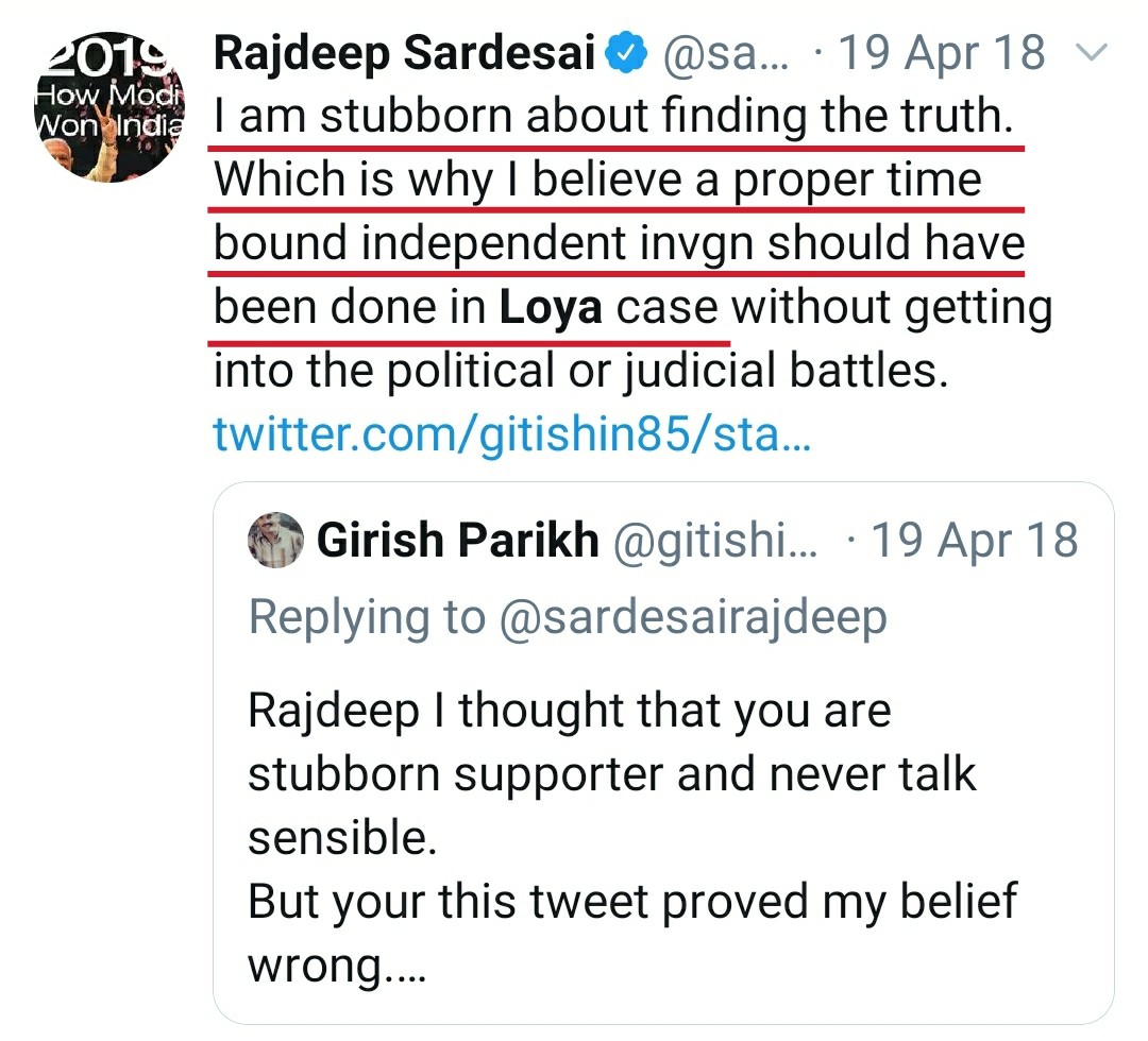 Gujju_Er's tweet photo. #JudgeLoyaCase
∆ SC: Judge Loya's death was natural.
∆ Judge Loya's Son: We don't have any doubt about death
∆ Rajdeep: Still, Proper Investigation should be done. 

#SushantDeathMystery
∆ Family: We have doubt
∆ @sardesairajdeep: Don't turn tragedy into Circus https://t.co/aKrAQwGn9d