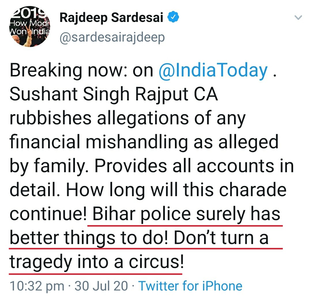 Gujju_Er's tweet photo. #JudgeLoyaCase
∆ SC: Judge Loya's death was natural.
∆ Judge Loya's Son: We don't have any doubt about death
∆ Rajdeep: Still, Proper Investigation should be done. 

#SushantDeathMystery
∆ Family: We have doubt
∆ @sardesairajdeep: Don't turn tragedy into Circus https://t.co/aKrAQwGn9d