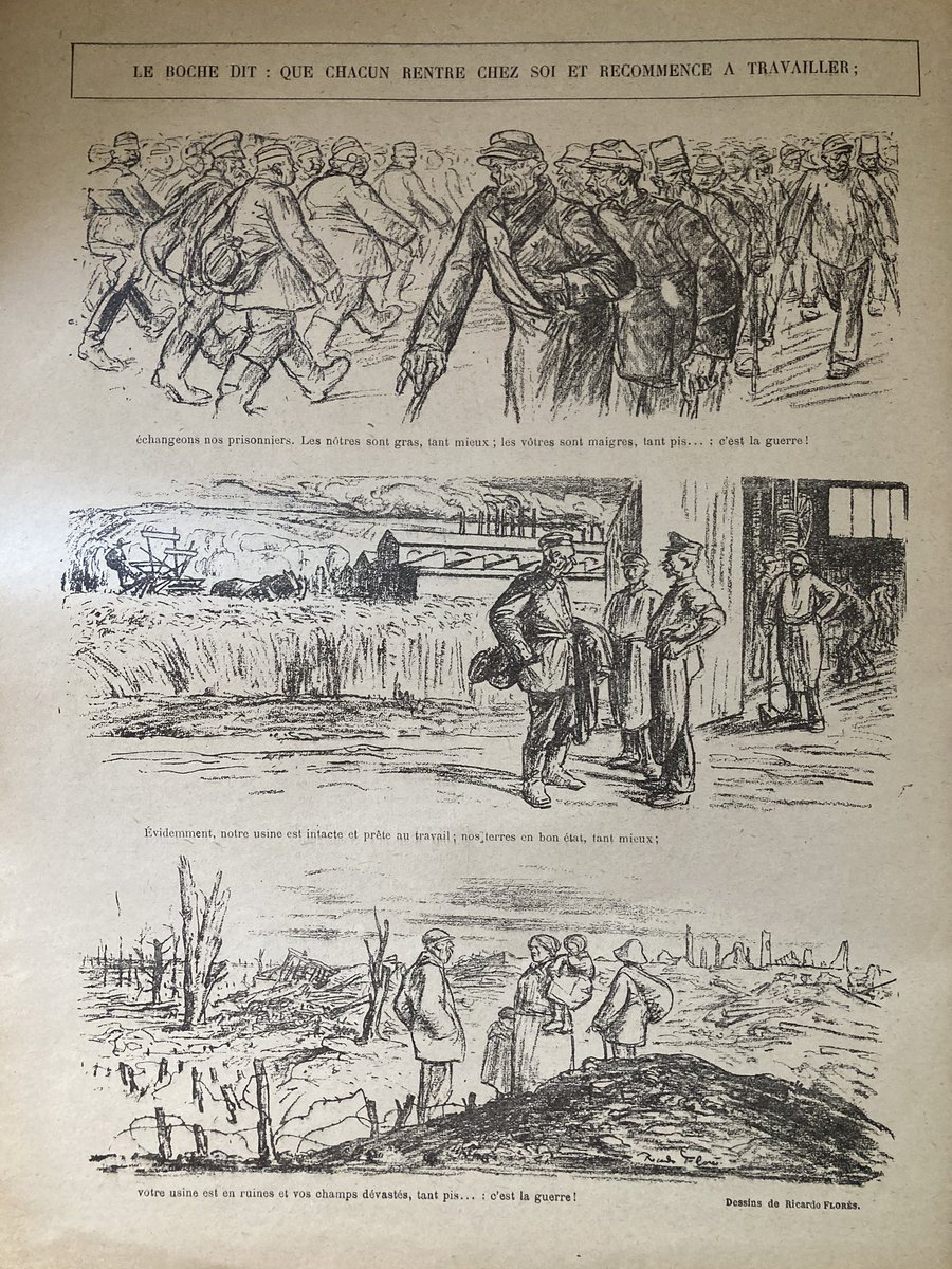 Many of the drawings are about the feeling of deep injustice in the (expected) peace. Like this series:“The German says......let’s exchange prisoners. Ours are fat, great. Yours are starving - well, that’s war” (9)