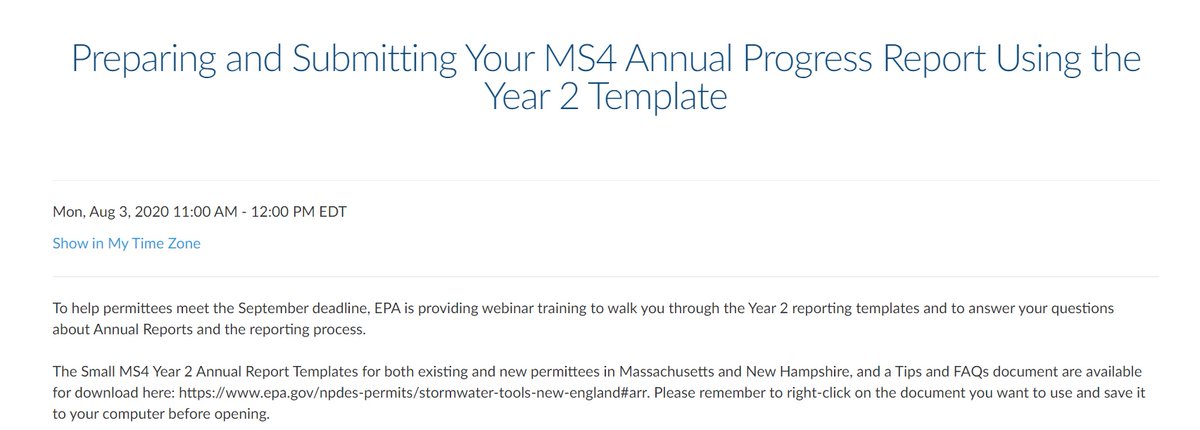 EPARegion1's tweet photo. We're hosting a webinar on Monday, August 3 (11am to noon) for municipalities in Massachusetts and New Hampshire to support permittees as they prepare and submit annual reports under the Clean Water Act's MS4 program. Learn more and register at: https://t.co/ciMlX6JvB5 https://t.co/MmPGAkye8A