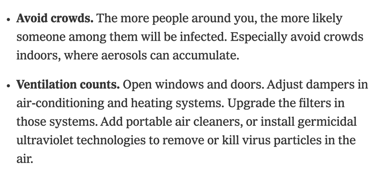 For months it's been increasingly clear that the greatest risk of spreading and catching COVID likely comes from spending time close to others in enclosed spaces, esp where air is stagnant or indoor air is circulated without good filtration.Key points from  @linseymarr: