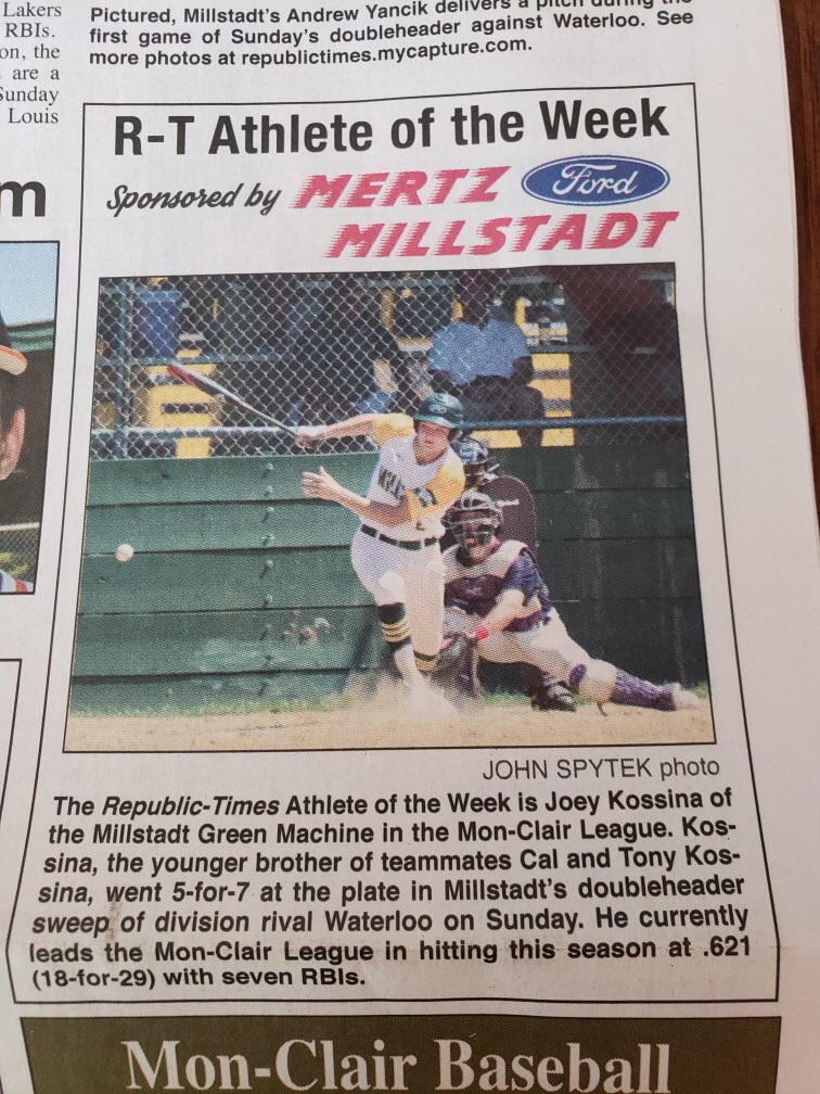 GreenMachine_13's tweet photo. Congrats to the @republictimes Athlete of the Week which is Millstadt Green Machine member and SEMO commit @jkossina19 #datboycold @SEMObaseball https://t.co/fMBle9zoR4