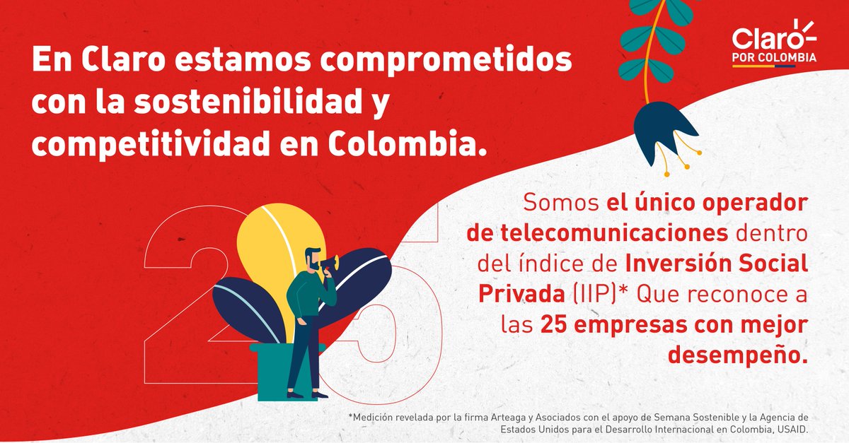 ClaroColombia's tweet photo. Fuimos el único operador de telecomunicaciones que logró posicionarse entre las 25 empresas destacadas en el Índice de #InversiónSocialPrivada (#IISP), organizado por @JA_Asociados, @SosSemana, y @USAID_Colombia. 🇨🇴👏 https://t.co/Fe3gWQzZY0