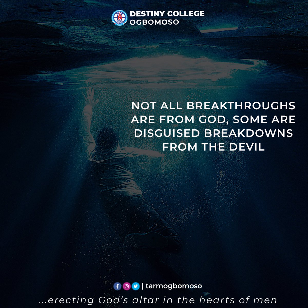 TARMCenters's tweet photo. Not all breakthroughs are from God, some are disguised breakdowns from the devil!

#DestinyCollege #Breakthrough #HearingGod 
@TARMogbomoso https://t.co/R7CTb0SU8n