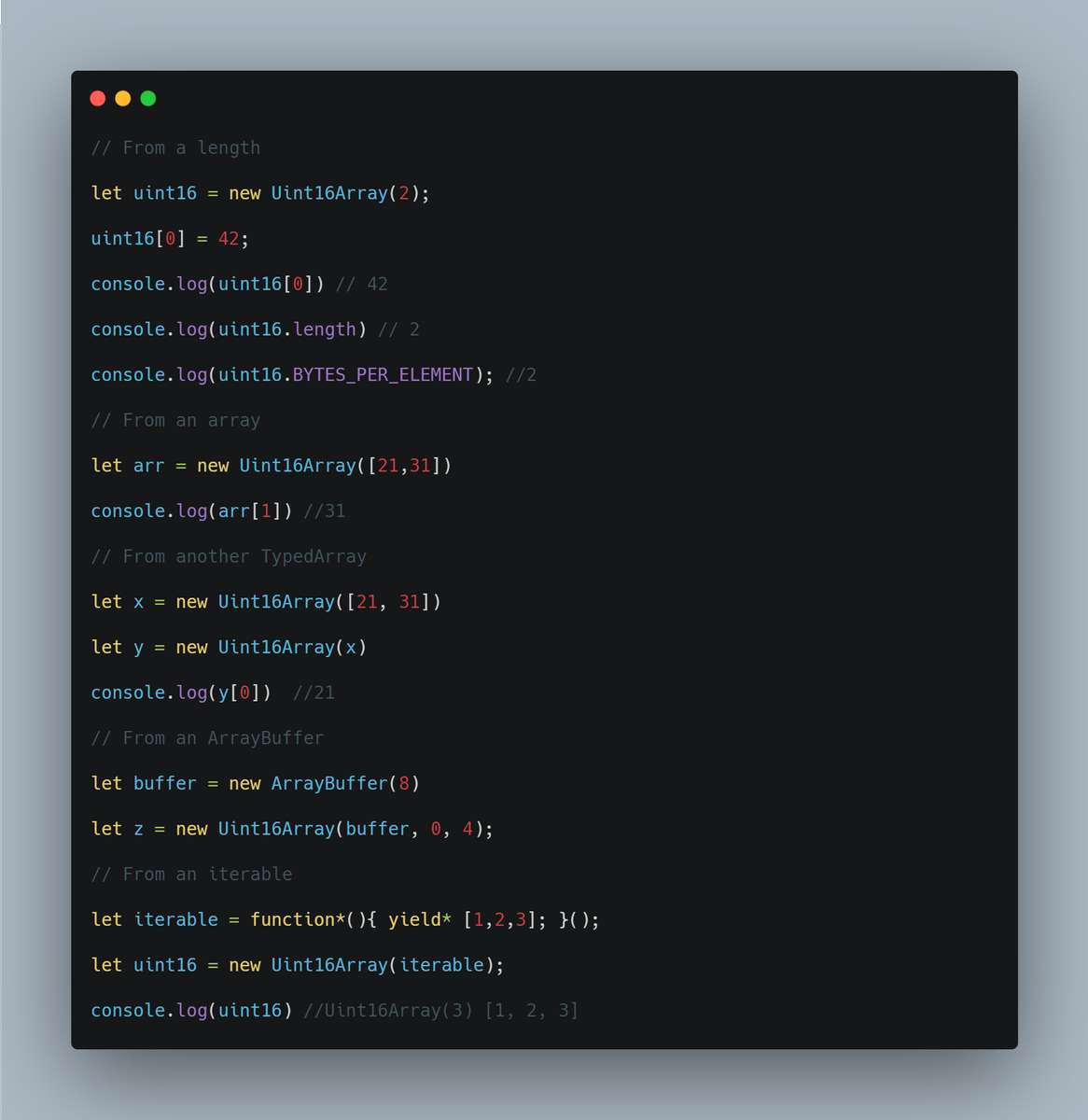 frontend_fox's tweet image. Day 90 of the #100DaysOfCode challenge.
Different ways to create a Uint16Array in javascript.
#javascript #reactjs #FrontEnd #womenintech #WomenWhoCode