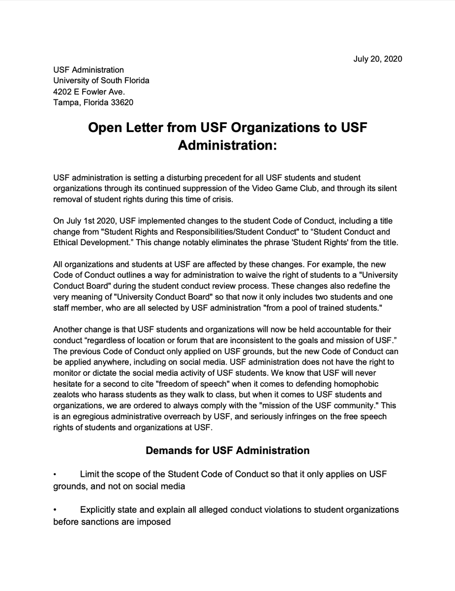 TampaBaySDS's tweet photo. Here is an open letter to USF admin regarding the recent changes to the student code of conduct, as well as some info about a student org that is already being negatively affected by these changes.

Sign on to the open letter here: https://t.co/0kFJ4x6ZId https://t.co/yDyJQVO1BL
