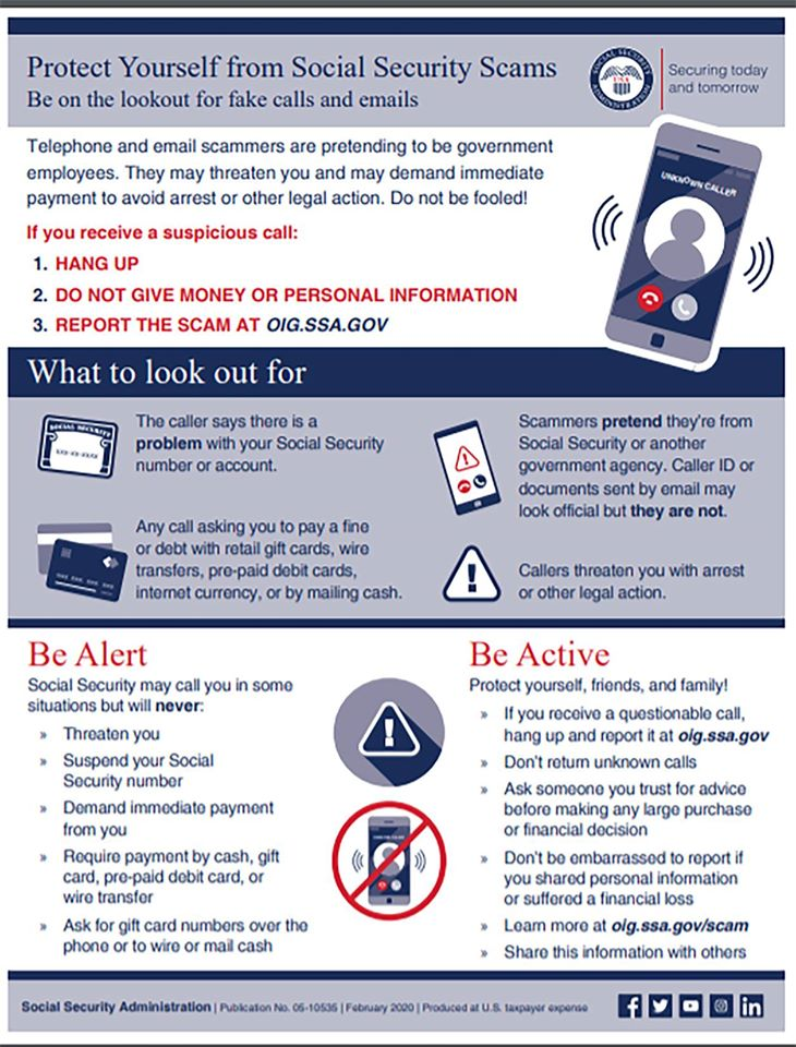 CaldwellKSPD's tweet photo. We are receiving reports of Social Security Scams. Do not give info out! Contact Office of the Inspector General to report. 
Contact the PD for free informational material on what to avoid as well as what to do in case your ID is compromised.

https://t.co/XuZK6qitqv https://t.co/8qcQoZSjuL