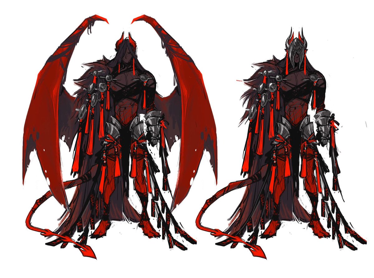 deerlordhunter's tweet photo. Recently redesigned Veneration where he's a demon under the imprisonment of a powerful witch family. Each tassel is a magical weight--the more powerful the demon, the more weights need to be added. 😔 https://t.co/1JuSOs2ZRd