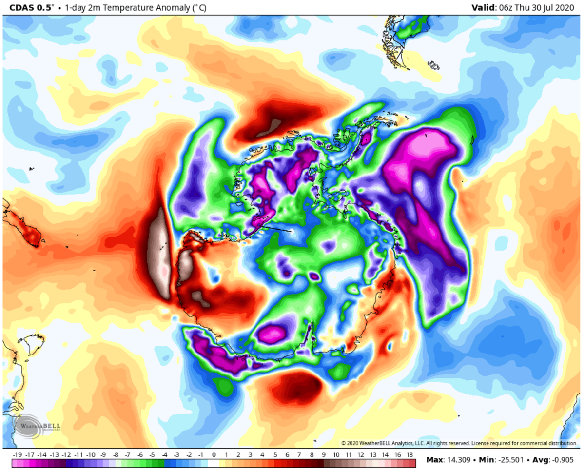 LpdlcRamirez's tweet photo. Global temperature anomaly of the last 24 hours has been slightly negative : -0.005 °C
The most negative anomaly was around the southern hemisphere / Antarctica : -0.905 °C.
Asia is in second position : -0.440 °C
Ref 1981-2010 https://t.co/qHqa3tt0Wp