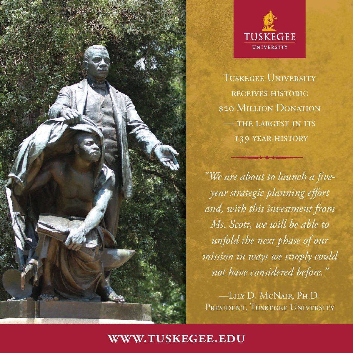 TuskegeeUniv's tweet photo. #TuskegeeUniversity would like to thank Ms. @mackenziebezos for not only her contribution to Tuskegee University, the pride of the swift growing south, but her investment into making a difference in the lives of our students. #KnowledgeLeadershipService #philanthropy https://t.co/Va6zZWEVze