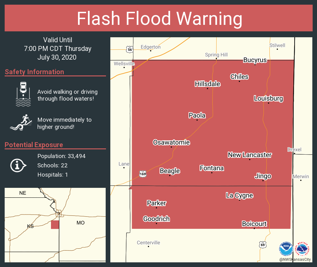NWSKansasCity's tweet photo. Flash Flood Warning including Paola KS, Osawatomie KS, Louisburg KS until 7:00 PM CDT https://t.co/fhY5gdIYum