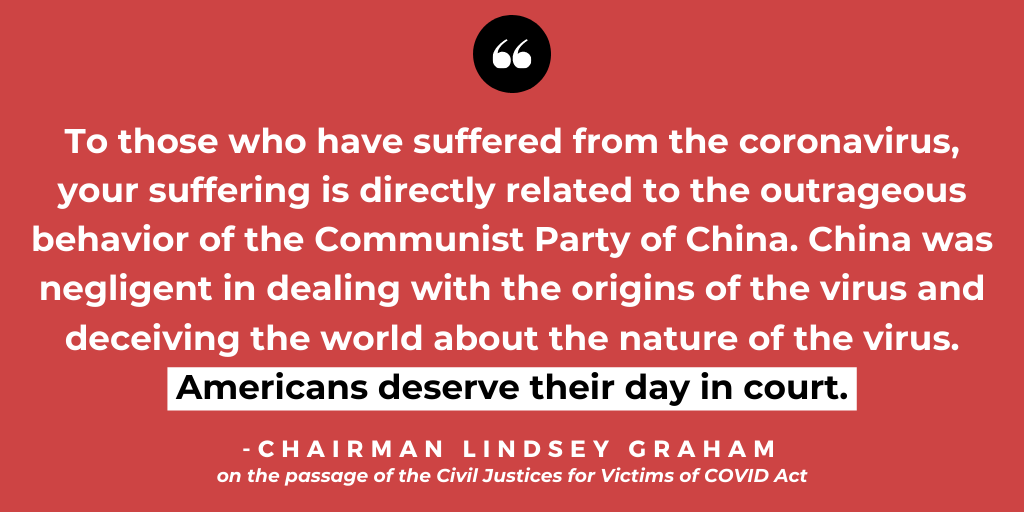 Today the Committee approved the Civil Justice for Victims of COVID Act to allow American citizens to sue China in federal court for damage done to their families and businesses by the coronavirus. More: judiciary.senate.gov/press/rep/rele…