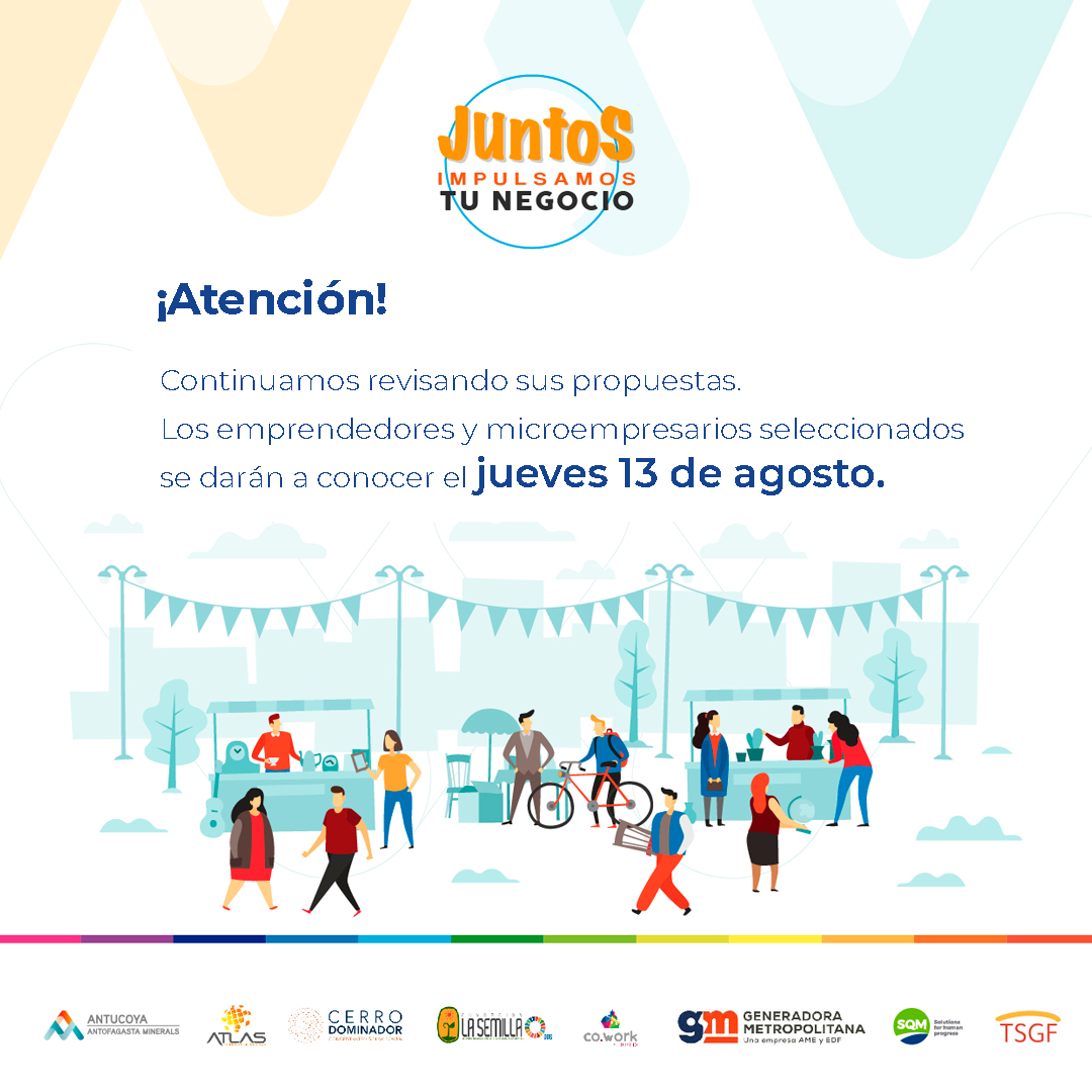 📢 ¡Atención! Seguimos trabajando con el comité de evaluación, revisando las propuestas del Fondo "Juntos Impulsamos Tu Negocio". 🤝😀
🗓 Muy pronto daremos a conocer los resultados. ⬇️

<a href="/aminerals/">Antofagasta Minerals</a> <a href="/CerroDominador/">Cerro Dominador</a> <a href="/GeneradoraMetro/">Generadora Metropolitana</a> <a href="/Muni_MariaElena/">I. Municipalidad de María Elena</a>