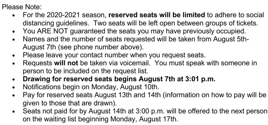 DemopolisHigh's tweet image. Demopolis High School Football
Reserved Seats Ticket Requests
August 5th - 7th 
( 8:00 a.m. - 3:00 p.m.
)
Stop by DHS Front Office or call 289-0294 ext. 3
Cost: $50 per seat for entire season
See notes in image about social distancing guidelines, etc.
